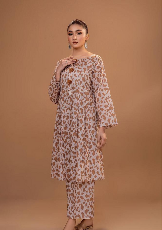 2 Pcs Women's Stitched Lawn Pret printed suit Brown